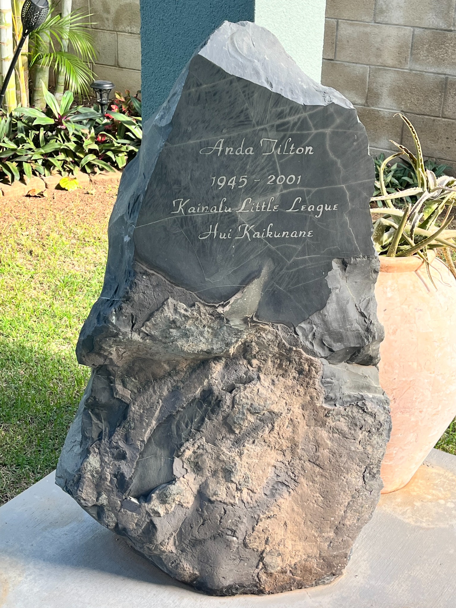 Memorial tribute rock honoring Anda Tilton at Kainalu Little League